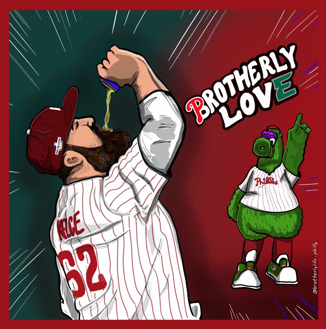 LFG @phillies!!!!! Amazing to see all this Brotherly Love goin around! Kelce chugging beer with the @philliephanatic before Game 3…LEGEND!#brotherlylifephilly  @REllisSports @JasonKelce @Phillies @Eagles @PhandemicKrew @FOXSports  @NatalieEgenolf @AnthonyLGargano @JackFritzWIP