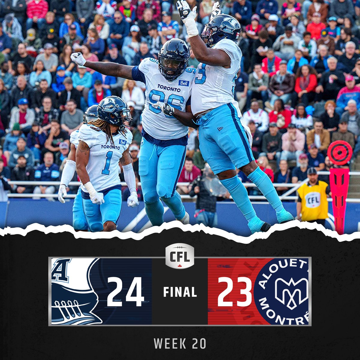CFL's tweet photo. The closest a game can get...

A WILD fourth quarter sees the @TorontoArgos come out on top.

#CFLGameday https://t.co/ZF4P3tnXZS