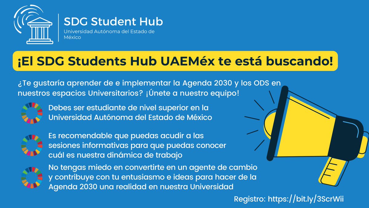 👉 En la <a href="/UAEM_MX/">UAEMéx</a> existe un grupo de estudiantes que trabaja por el Desarrollo Sostenible en nuestra Universidad. 

¿Te gustaría implementar la Agenda 2030 en el SDG Hub de la UAEMéx? ¡Únete a nuestro equipo!
Del 18 al 26 de octubre aplica y regístrate en: bit.ly/3ScrWii