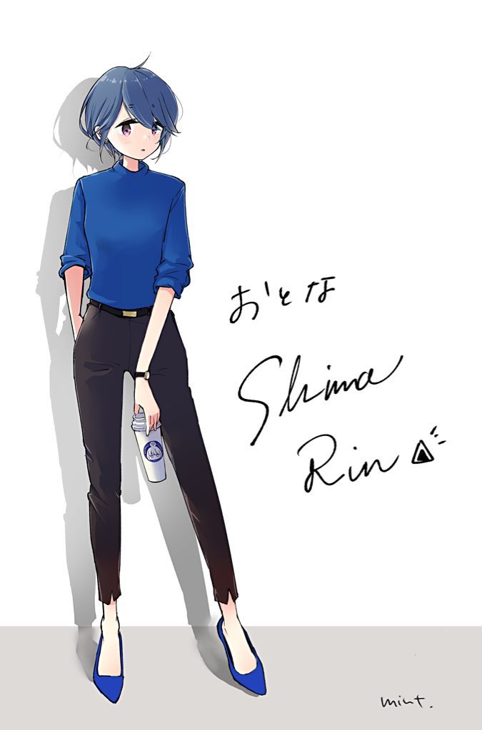 shima rin 1girl solo scarf blue hair bag phone skirt  illustration images