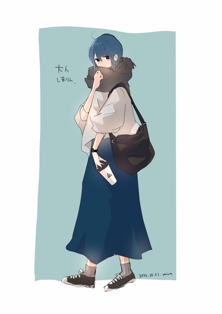 shima rin 1girl solo scarf blue hair bag phone skirt  illustration images