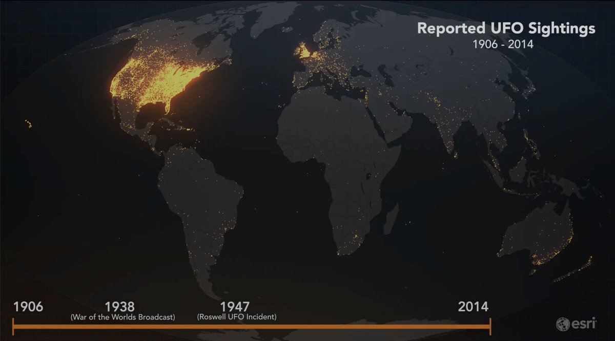 EnhanceInsights's tweet photo. UFO sightings are likely to be a cultural phenomenon.

Map of all reported UFO sightings, 1906-2014. (Source: ESRI) https://t.co/lupNWQCWG6