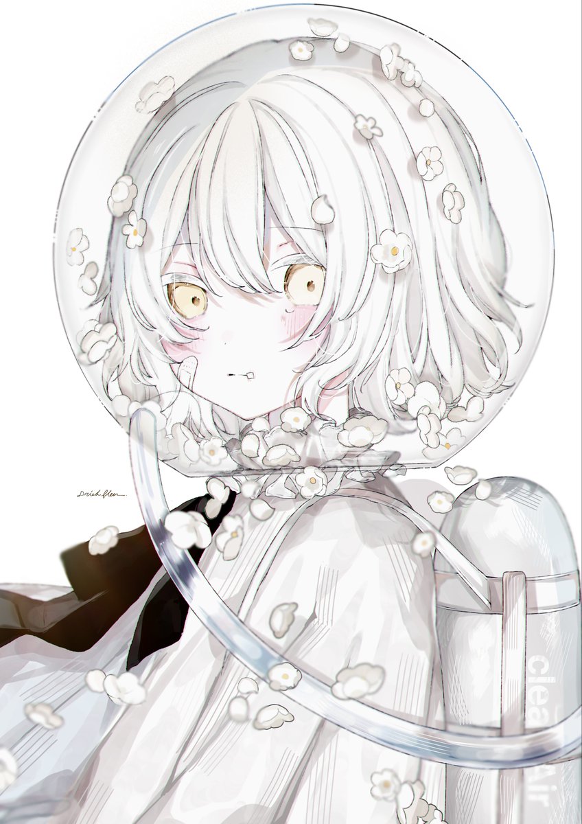 solo white hair yellow eyes 1girl flower white background white theme  illustration images