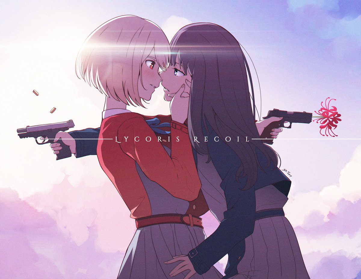inoue takina ,nishikigi chisato multiple girls 2girls yuri gun weapon spider lily long hair  illustration images