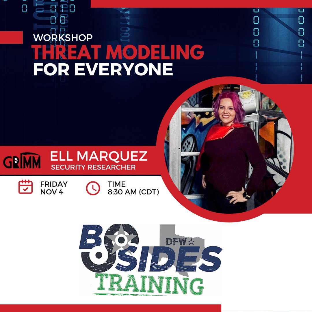 grimmcyber's tweet photo. GRIMM Cyber is a proud sponsor of the ‘Threat Modeling for Everyone’ workshop presented by GRIMMer @Ell_o_Punk at @BSidesDFW. Seating is limited, so don’t delay - register today!
Learn more: https://t.co/WBaCehucD4
#cybersecurity #cyphy #threatmodeling #BSidesDFW2022 https://t.co/qdlyKD5mmE
