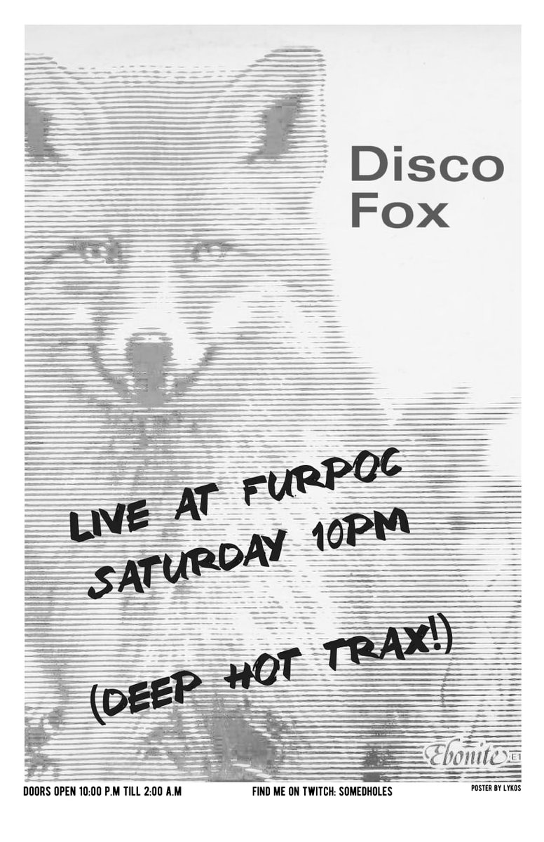 Saturday 10/29 10PM at <a href="/furpocalypseinc/">Furpocalypse</a>

Disco Fox.

An hour of 40-50 year old tracks all cut up and blended back together in a danceable soup.

(super duper thanks to <a href="/caninelykos/">Lykos (inactive)</a> for the poster design!!!!)