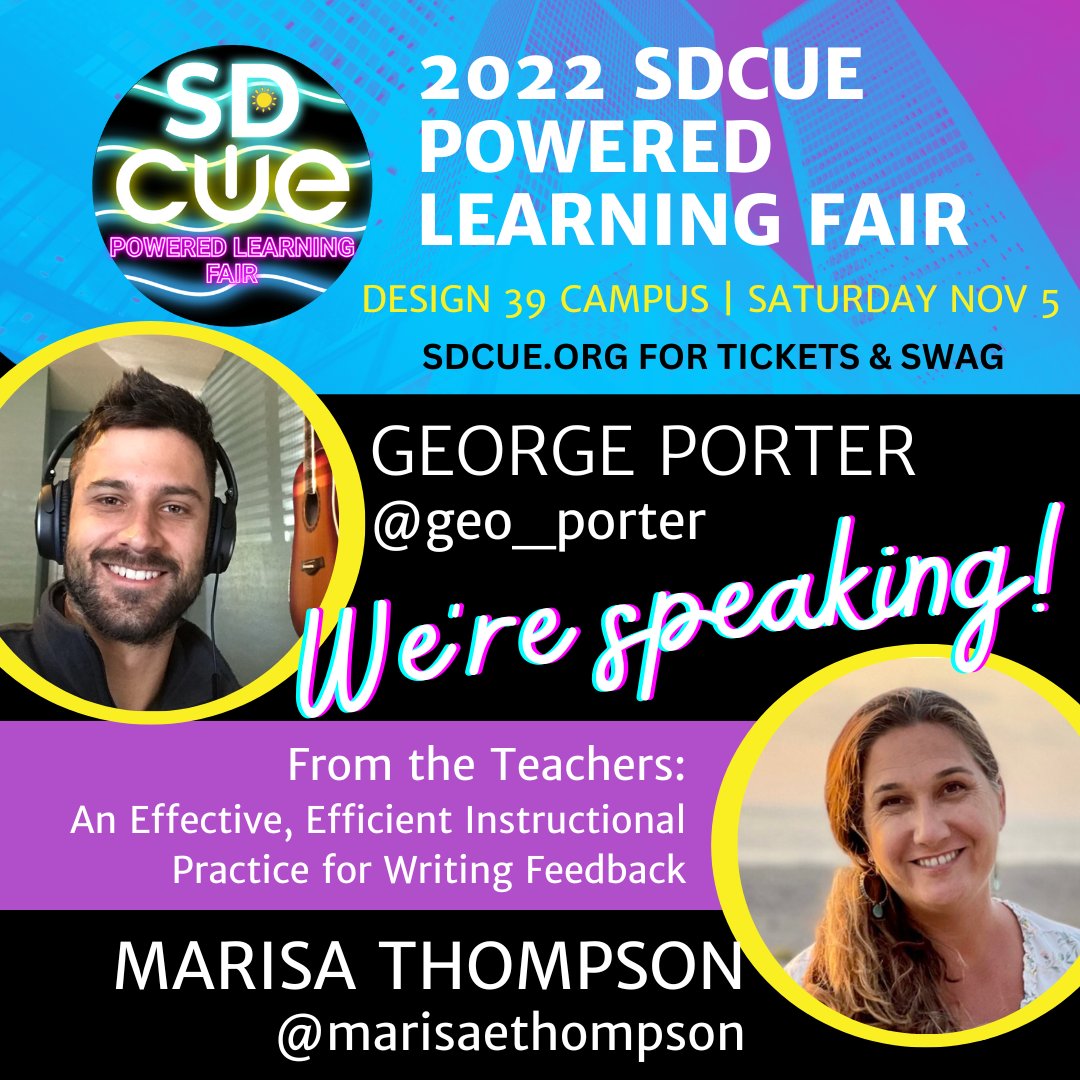 Can't wait to see everyone again at San Diego CUE's Powered Learning Fair! 

@Geo_Porter &amp; I will share ideas, resources, and laughs in two sessions that make school better for students AND teachers!

sdcue.org #SDCUE #UnlimitedTeacher