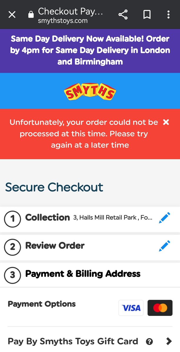 SilentSte's tweet photo. @SmythsToysUK Trying to do a click and collect order. It goes through confirming the payment but only requests 1p after you confirm it fails and shows the error message. Shows on my bank but no confirmation. Are you guys having issues? https://t.co/YSbza92QwE
