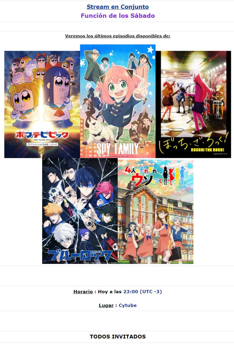 LaFedeMAL's tweet photo. No te pierdas la Emisión en Conjunto de los sábados por #LaFedeEnCytube esta vez con los últimos episodios de  
#PopTeamEpic2
#SPY_FAMILY #bocchitherock #bluelock y #4uso_anime

En 1h por:  https://t.co/Eer8oigFWk

Más info: https://t.co/XJfwOljffz https://t.co/dWEjoeEE1F