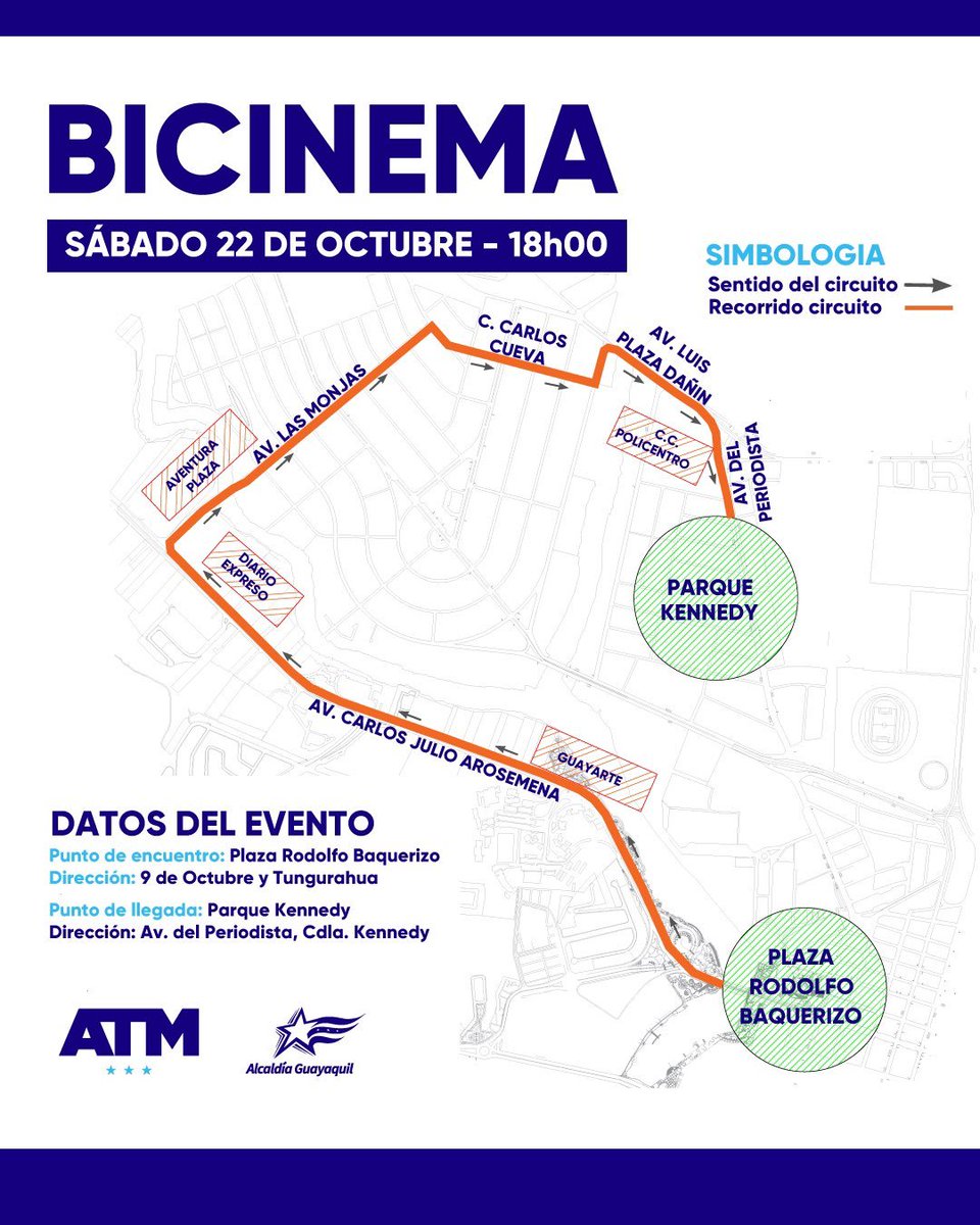 ATM_Transito's tweet photo. #ATMinforma | Se da inicio al evento 🚴🏻#Bicinema🚴🏻♀️, mismo que tendrá el siguiente recorrido:
-Av. Carlos Julio Arosemana
- Av. Las Monjas
- Carlos Cueva Tamariz
- Av. Plaza Dañín
- Av. Del Periodista
Mantén un espacio mínimo de 1.5 metros entre el auto y el ciclista.
📸#CCITT https://t.co/59vvt7VQha