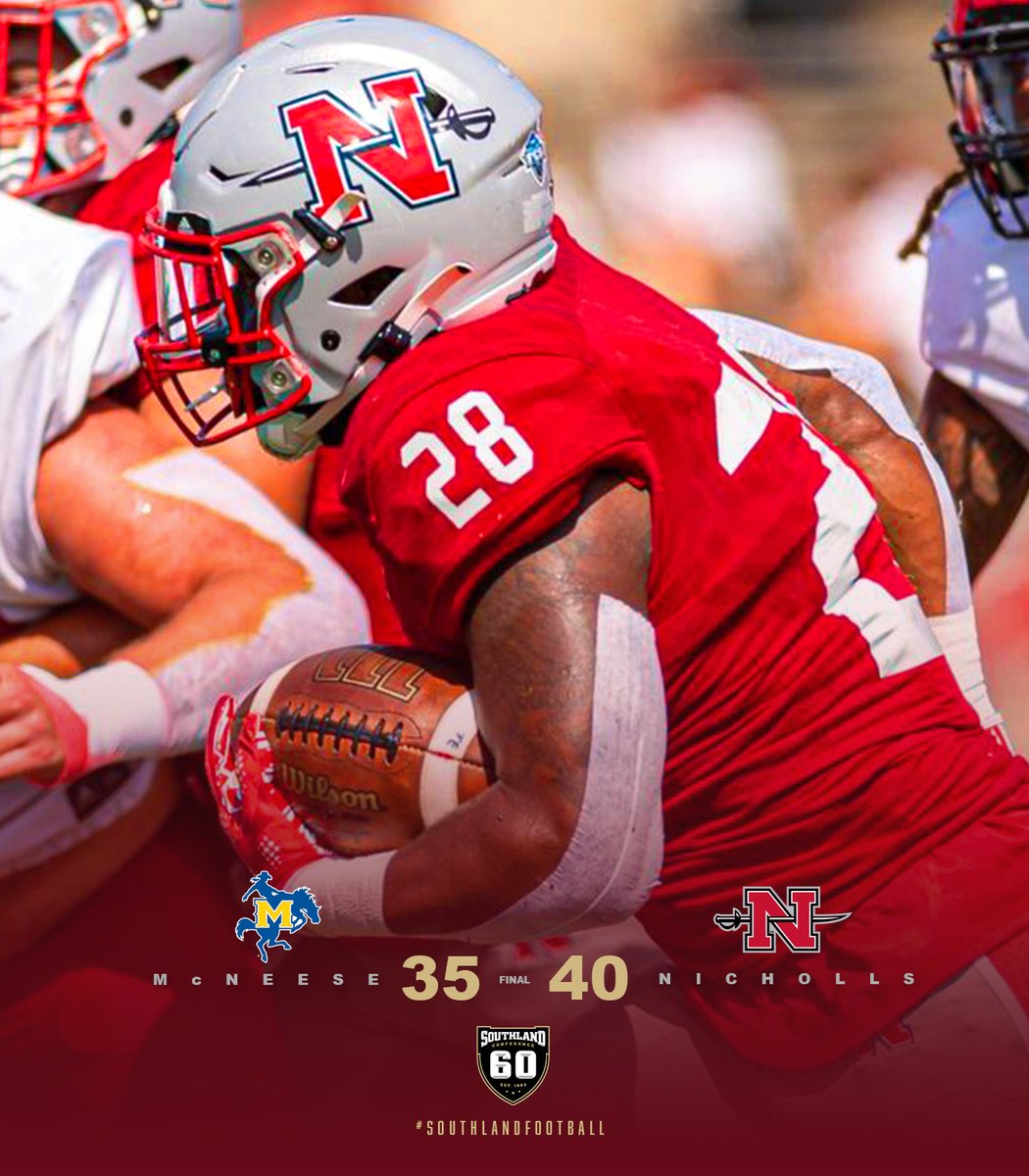 SouthlandSports's tweet photo. 𝗚𝗘𝗔𝗨𝗫 𝗖𝗢𝗟𝗢𝗡𝗘𝗟𝗦

@Nicholls_FB moves to 2-1 in Southland play as they take down McNeese in a thriller!

#SouthlandFootball https://t.co/oks261fCTE