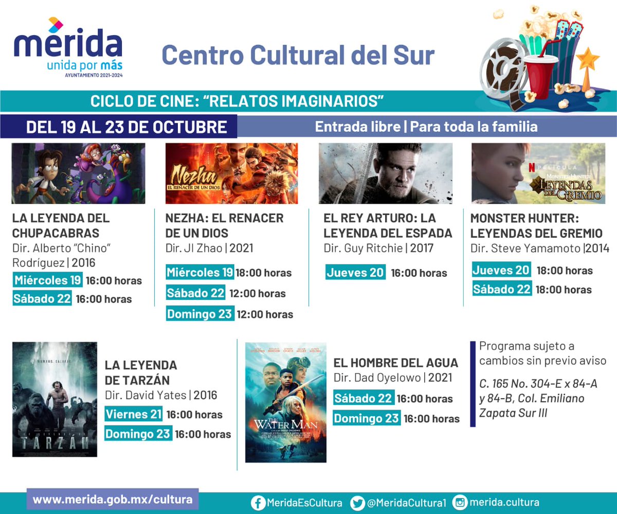 MeridaCultura1's tweet photo. Fomentando actividades de convivencia familiar, el Centro Cultural del Sur ofrece cada semana un ciclo de #cine diferente. Checa aquí los horarios y películas y asiste.
Entrada gratuita.
#CCSur @RenanBarrera https://t.co/pS2BsGTv37
