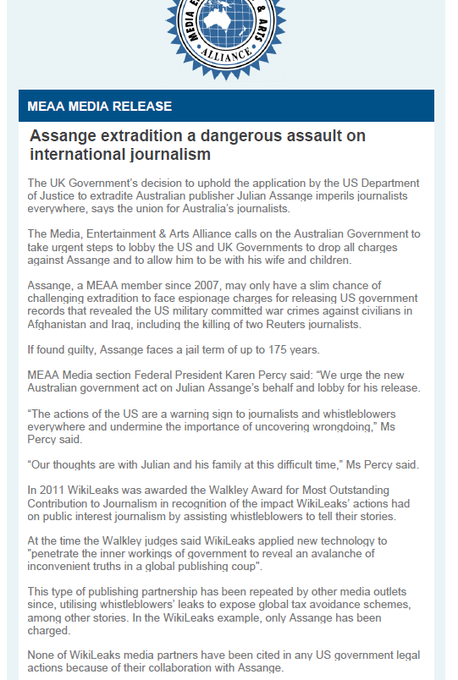 Australia's Journalists Union: "The UK Government’s decision to uphold the application by the US Department of Justice to extradite Australian publisher Julian #Assange imperils journalists everywhere" <a href="/withMEAA/">MEAA</a> meaa.org/mediaroom/assa…