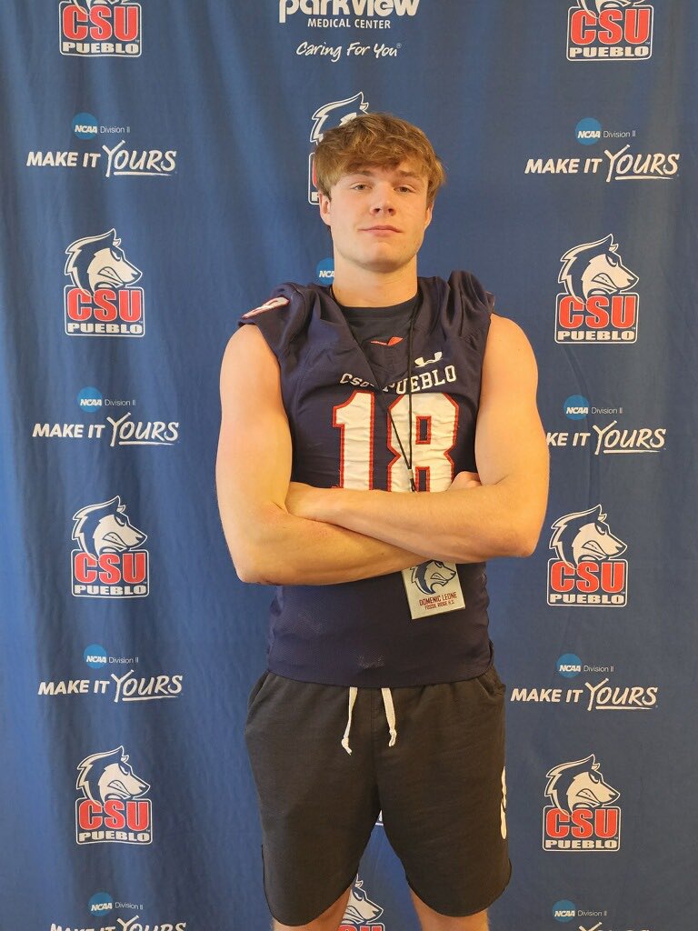 DomenicLeone1's tweet photo. After a great game day visit and talk with coach Wristen, I am extremely honored to have received a scholarship offer to play football at CSU Pueblo. Go Pack! Thanks for the opportunity @CoachWristen @Coach_BrownCSUP @CoachKVA @CoachRJ_ @FossilFootball https://t.co/cxxdOBOtGq