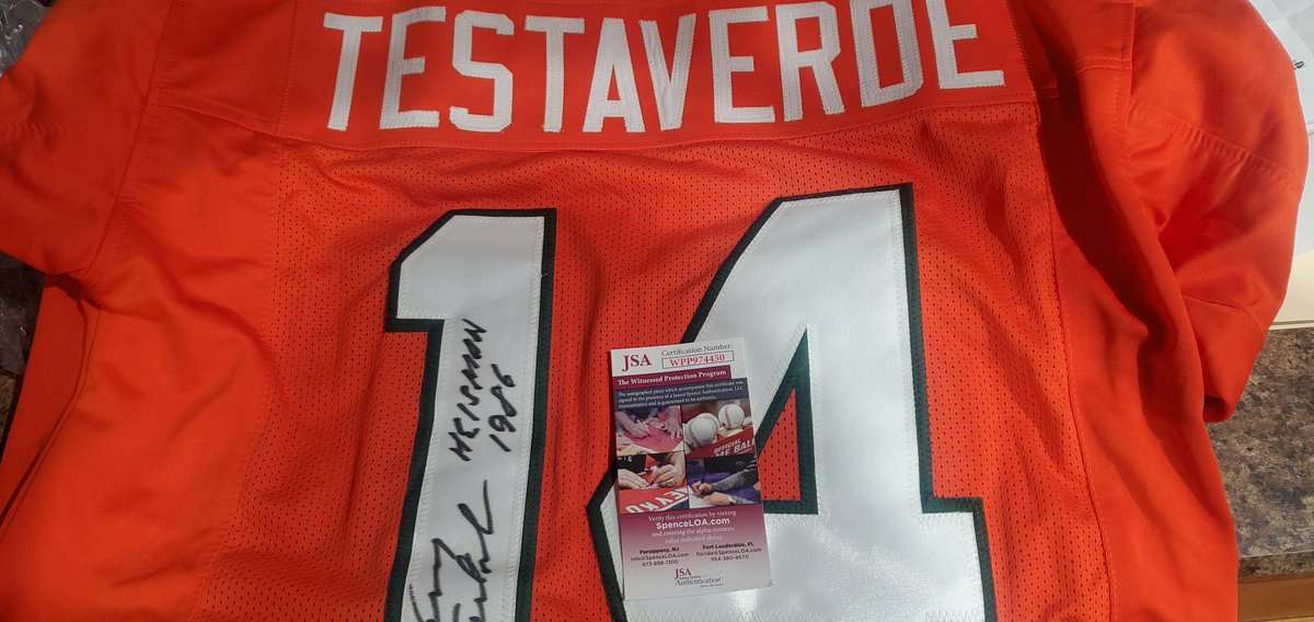 Hodges_Jenni's tweet photo. I have a signed and authenticated Vinny Testaverde college jersey of anyone is interested.  Best offer. @MiamiHurricanes  @NFL @nyjets @Buccaneers https://t.co/5I0TLPIhYp