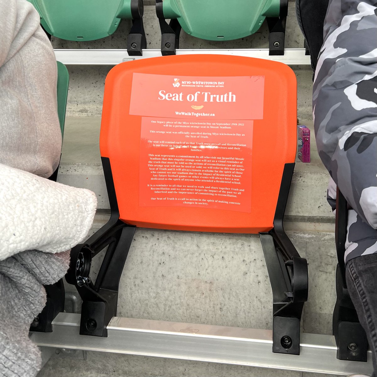 Thank you to the @sskroughriders for recognizing the Orange Seat of Truth 🧡 The permanent orange seat in Mosaic Stadium was unveiled during Miyo-wîcîwitowin Day on September 29th, 2022. For more information about the seat of truth, please visit: loom.ly/LqdQHdY