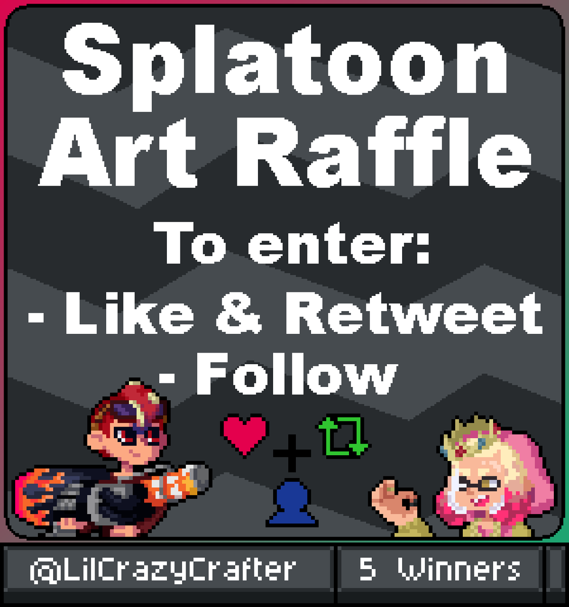 We hit 200+ follows!! 🦑🎉

To celebrate I'm opening an Art Raffle!
You could be 1 of 5 people to get a custom sprite of anything Splatoon related! (Even OCs!) 
New followers welcome to enter! (Feel free to tag a friend!)

#ArtRaffle #Splatoonart #Pixelart 🐙🎉