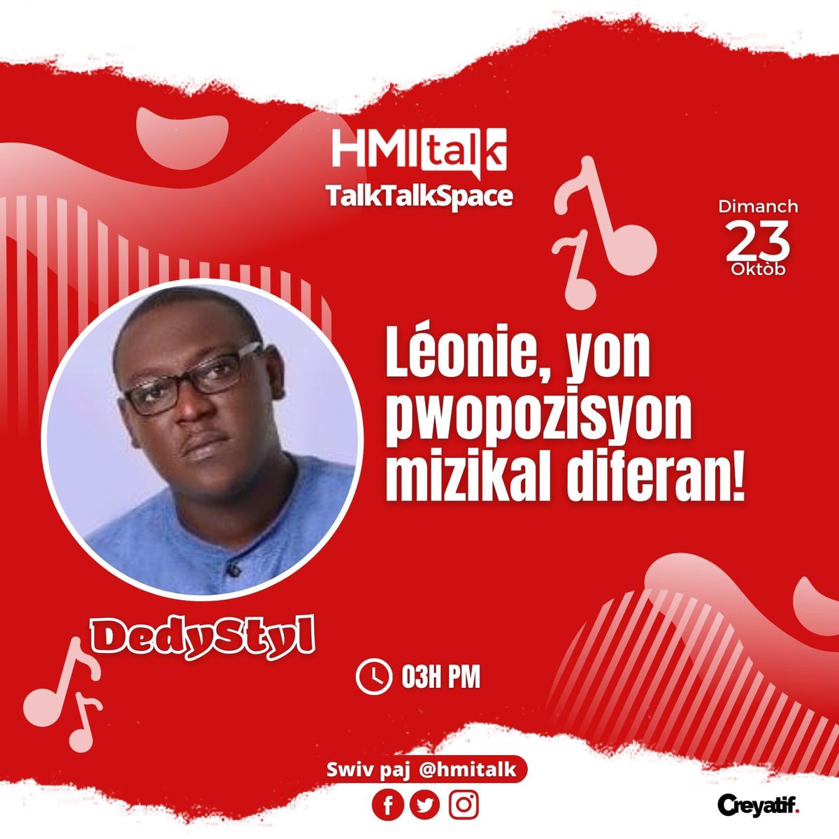 hmitalk's tweet photo. Demen 3zè nan lapremidi ! Tout moun envite nan yon bèl batbouch ak @dedystyl sou nouvo pwojè li a ki se #Léonie ki disponib sou tout platfòm yo. https://t.co/UHSQixFQob