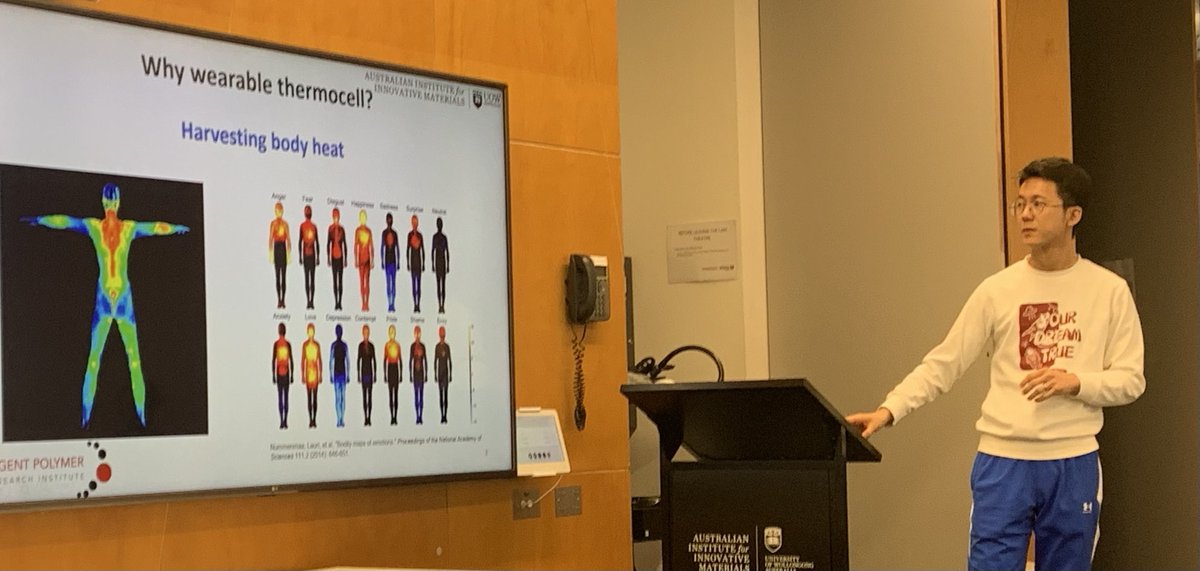 GordonGWallace's tweet photo. Excellent presentation ⁦@IPRI_UOW⁩ seminar from Shuai Zhang on wearable #thermocells generating energy from body heat. https://t.co/AsQCjNWhsr