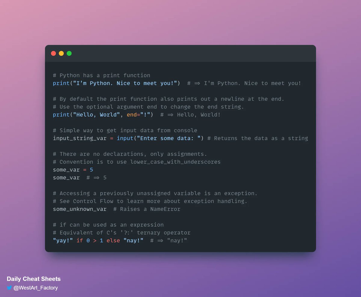 WestArt_Factory's tweet photo. #Python 101 Cheat-Sheet Week 🐍 (6)
#BigData #Analytics #DataScience #AI #MachineLearning #IoT #IIoT #PyTorch #Python #RStats #TensorFlow #Java #JavaScript #ReactJS #GoLang #CloudComputing #Serverless #DataScientist #Linux #Programming #Coding #100DaysofCode #Jupiternotebook https://t.co/1VkdLePUig