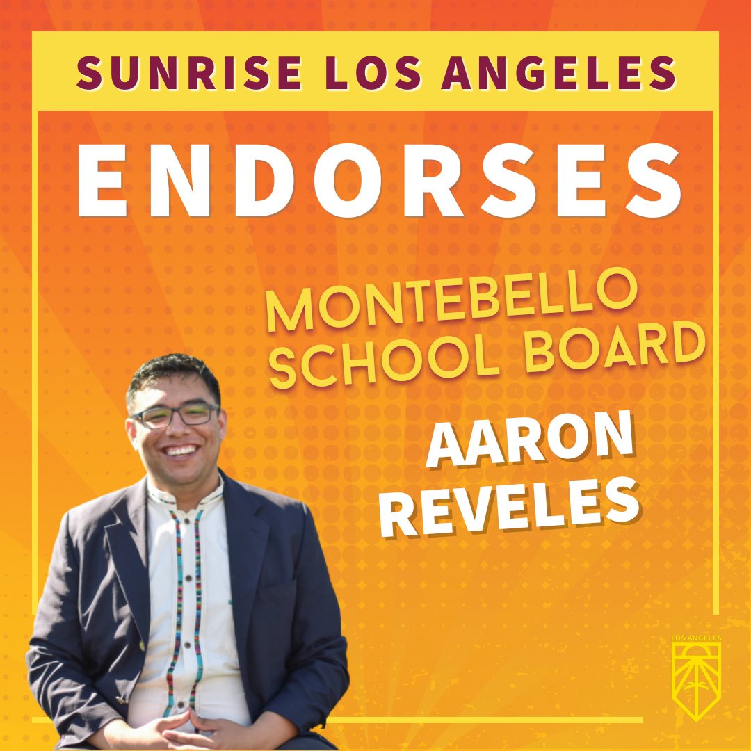 SunriseMvmtLA's tweet photo. ๐ฃ Sunrise LA is proud to endorse Aaron Reveles for Montebello Unified School Board this election! @Reveles4MUSD ๐๐ฝโจ
#Montebello schools deserve a School Board Member like Aaron who will fight for strong public schools, a #GreenNewDeal and equitable representation for all. https://t.co/Za2EITDww6