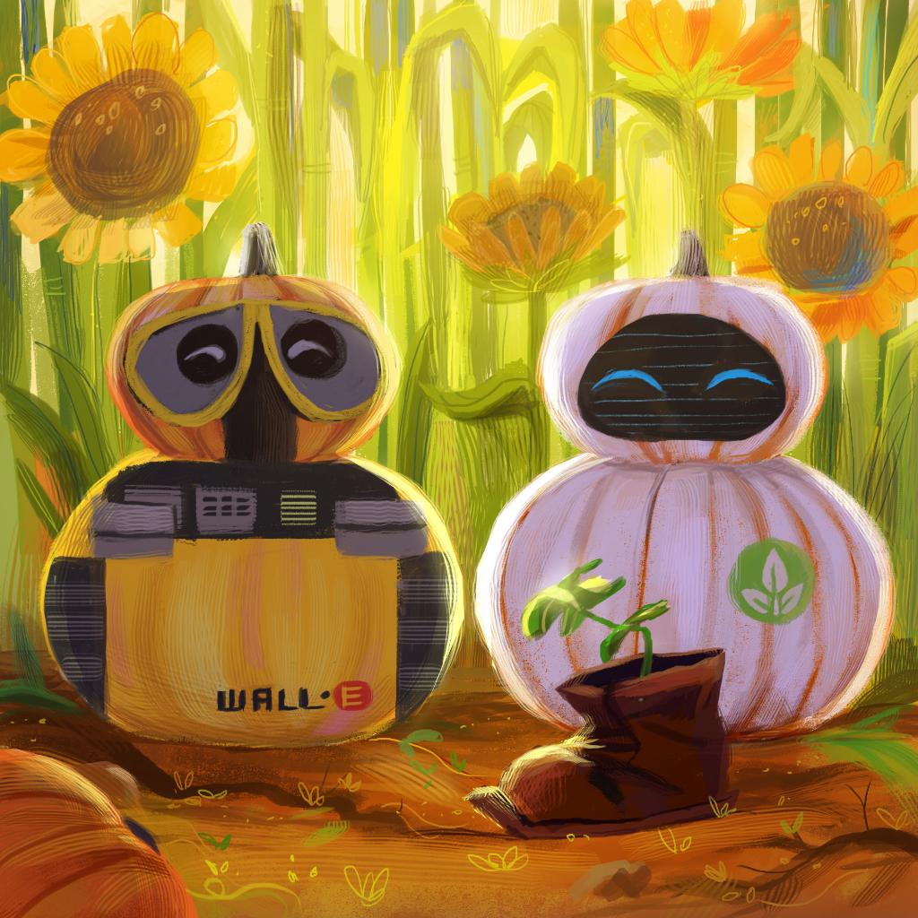 Disney's tweet photo. Looking gourd, WALL•E and EVE! 🎃 https://t.co/6T06pDsIMY