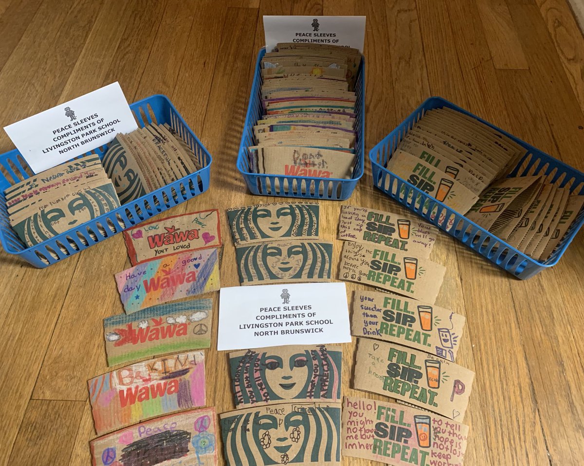 malvarez2732's tweet photo. Livingston Park teamed up with Wawa, Panera and Starbucks of North Brunswick for Peace Week. Third and Fourth Grade students of Livingston Park decorated coffee cup peace sleeves  with peace symbols, messages of peace, unity and inclusivity.@LivingstonPark #whyLP https://t.co/wAfwumgqxQ