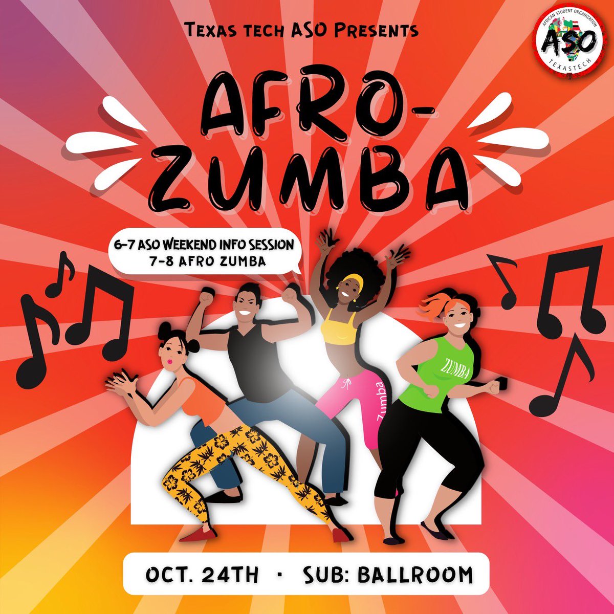TTU_ASO's tweet photo. Hope you’re ready to sweat 😅 ! Join us this Monday for our ASO Weekend Info Session followed by Afro Zumba! 💃🏾🕺🏾 https://t.co/90oDdgg4p8