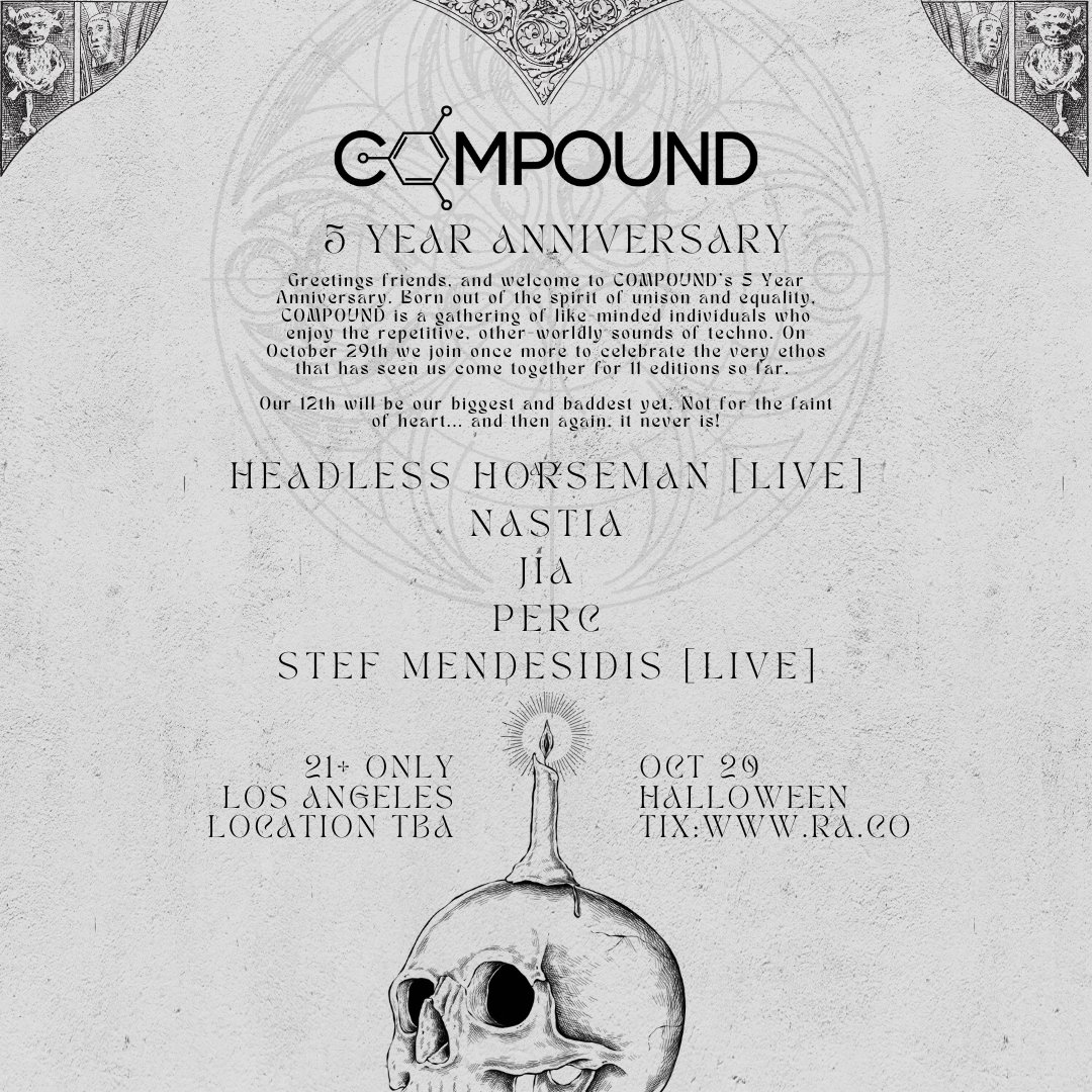6AMGroup's tweet photo. Next week - we celebrate 5 Years of Compound - the unison of 6AM, Synthetik Minds, Dirty Epic, and Incognito come together for the 12th edition on this spooky Halloween weekend with Headless Horseman, Nastia, Jia, Perc, and Stef Mendesidis
Tickets: https://t.co/ER81c3Abas https://t.co/Bu5deTEu7P