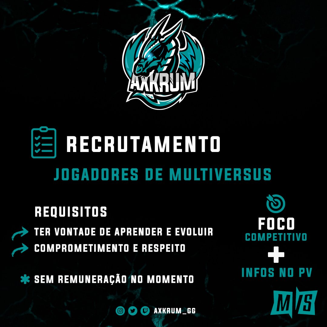 axkrum_gg's tweet photo. Estamos na busca de novos talentos para chegar ao topo!
We are looking for new talents to reach the top!
#MultiVersus #MultiversusBR #MVSBR #GoAXK🐲 https://t.co/y1tuSHDez3