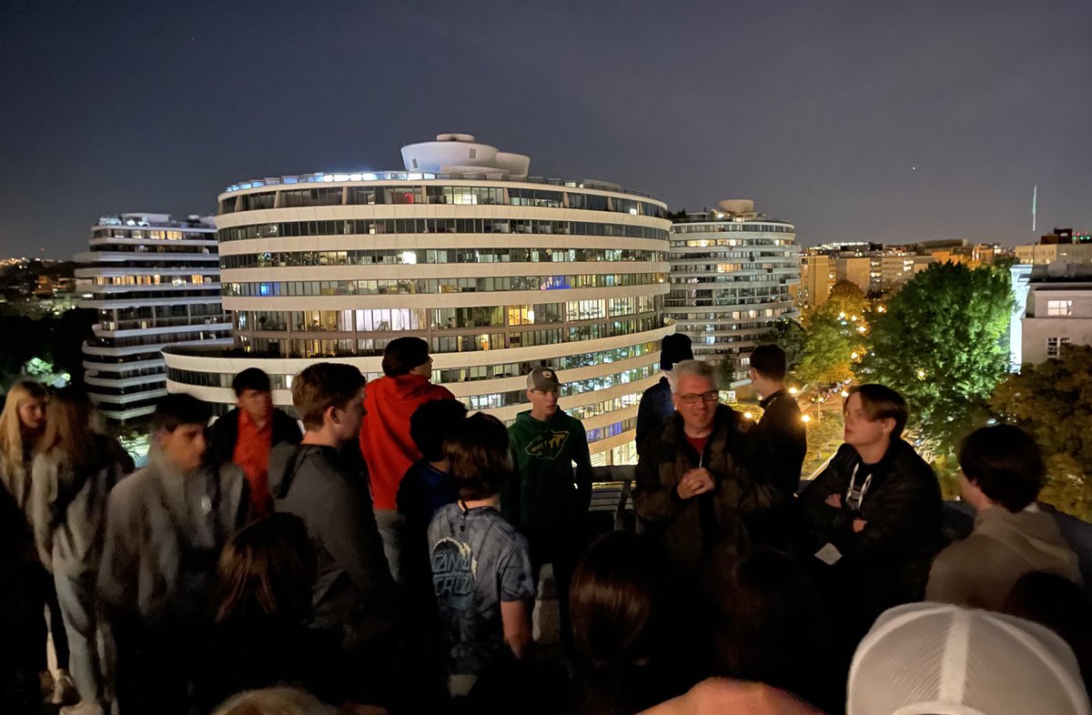 ErikAndersonMN's tweet photo. .@clasigmund teaching our #ehsdc22 students about embassies (Saudi Arabia’s below, right) and Watergate (behind) from the Kennedy Center balcony. https://t.co/zAyyerrzrP