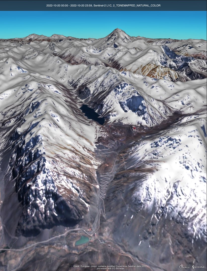 ar_etsch's tweet photo. #LosCaracoles #Route60 #Chile with a view to the #Aconcagua #Argentina the highest mountain outside 
#Asia at 6961m

📸🛰Sentinel-2  2022.10.20 EO-Browser 3D

Footage: @CopernicusEU @sentinel_hub https://t.co/qwaW5WcHlw