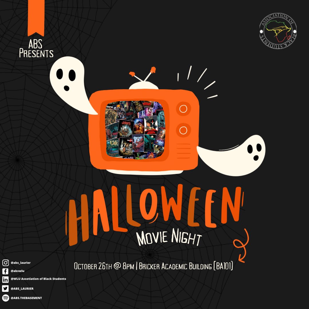 Hey ABS,

Join us for a Halloween movie marathon this Wednesday,  October 26th @ 8pm at Bricker Academic Building in Room BA102!

Click the link in our bio to send in your movie suggestions👻🎃