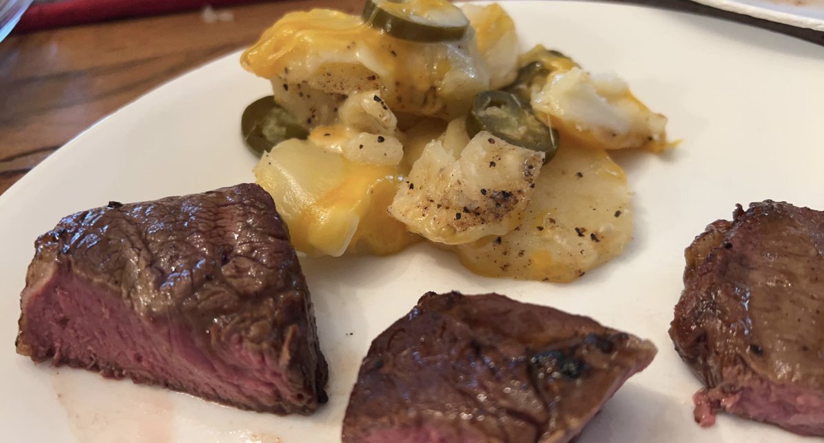 coveredmranch's tweet photo. Supposedly this cow was farting a lot and ruining the environment. So I ate it. You're welcome. Be a hero. Eat meat. Don’t forget the cheesy Jalapeño potatoes 😁 #beeflovingtexans #beefteam https://t.co/q8g4gYJW0l