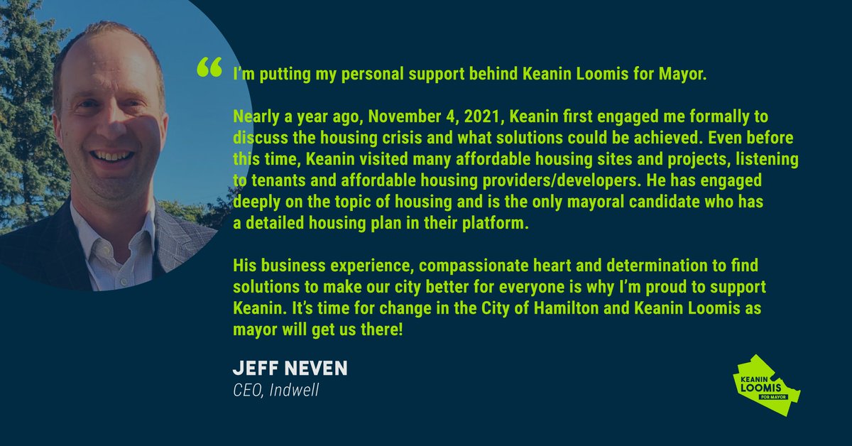 Jeff Neven, CEO of <a href="/IndwellCA/">Indwell</a>, credits <a href="/keaninloomis/">Keanin Loomis</a> for his detailed housing plan and determination to find solutions to make #HamOnt better for everyone. 

So honoured to have Jeff's endorsement of the #VoteLoomis campaign.🙌