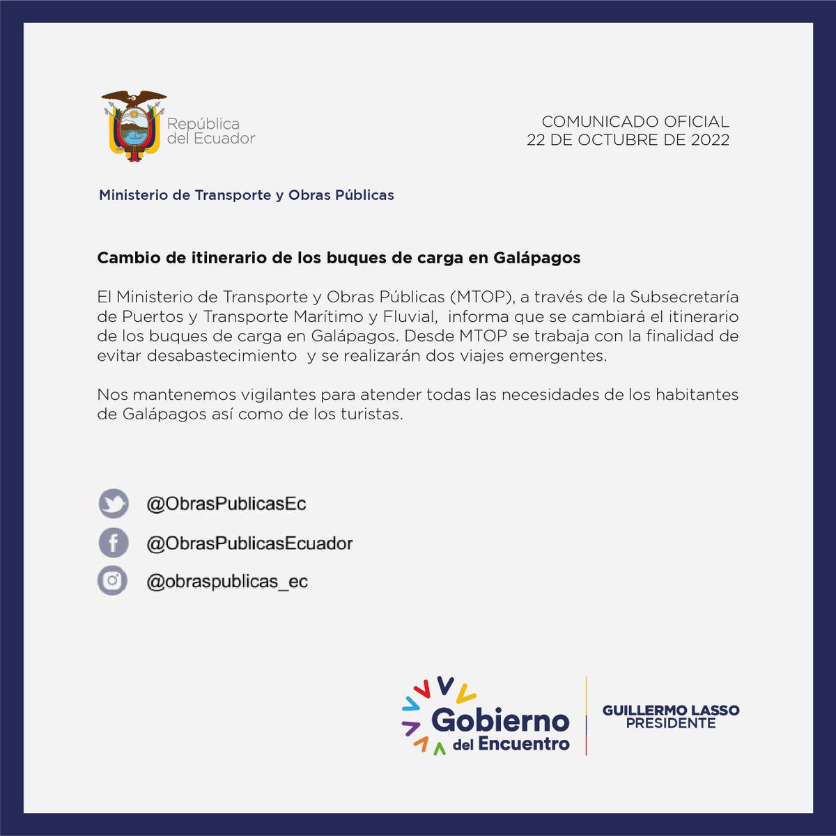 MIT_Ecuador's tweet photo. #Galápagos l Desde @ObrasPublicasEc, a través de la Subsecretaría de Puertos, informamos que se realizarán dos viajes emergentes con las naves Isla de la Plata y Fusión. 

Atendemos al archipiélago y a nuestros turistas. 

#JuntosLoHacemosPosible https://t.co/y6JdZRy5IA