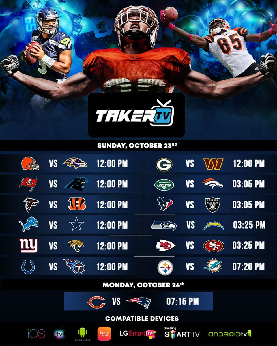 Semana 7 de la NFL!  Todos los partidos en cual quiera de nuestras plataformas a un súper precio!  Contrata en takerapp.com