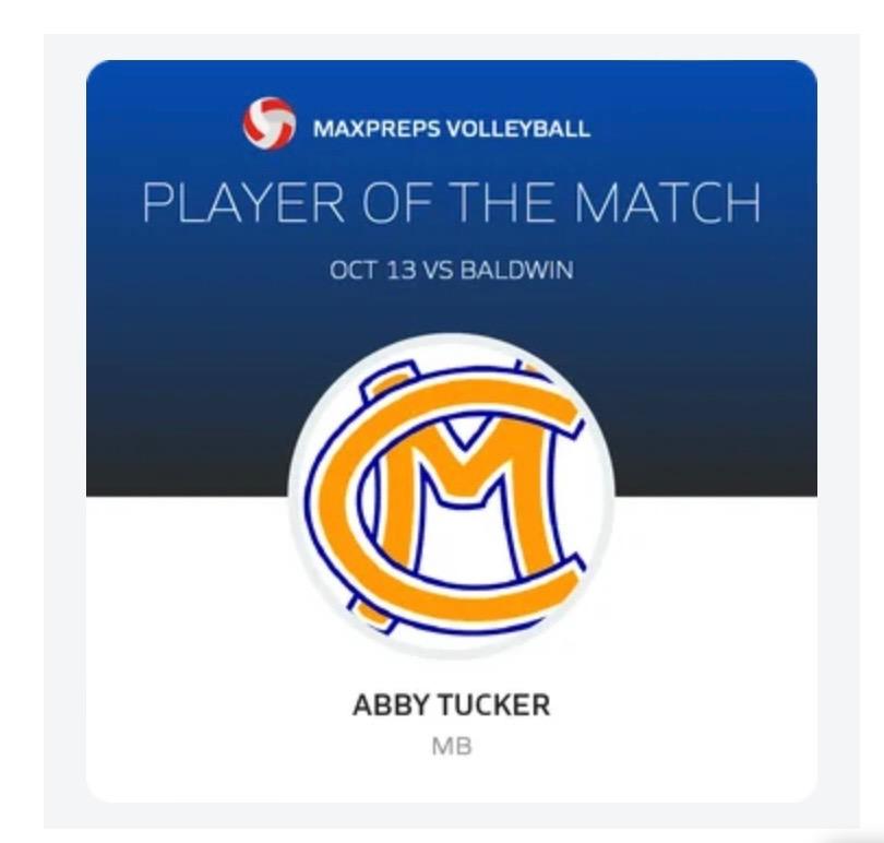 Abby_Tucker2025's tweet photo. I received “Player Of The Match” a few games before our big section win. Thank you @MaxPreps for the shout out! Can’t wait for the playoff week ahead. #cmvb https://t.co/599u6hur9x