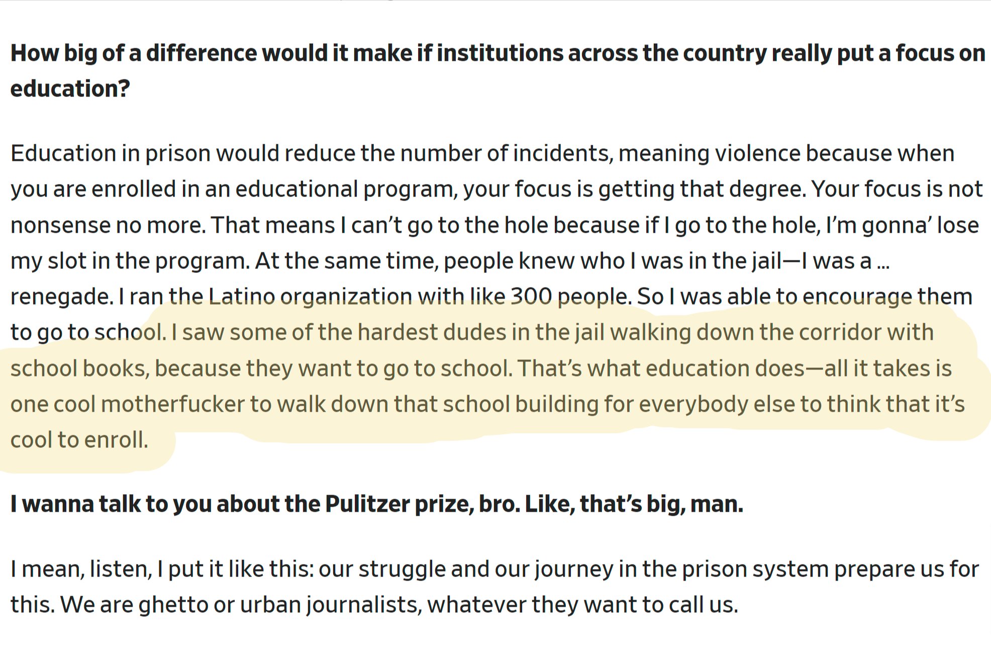 Adam Rose on Twitter: "A man sentenced to life in prison without the  possibility of parole gets out, wins a Pulitzer Prize, and gives a pull  quote for the ages. https://t.co/W5SlpCNrXs https://t.co/YQ58Dxp0EO" /