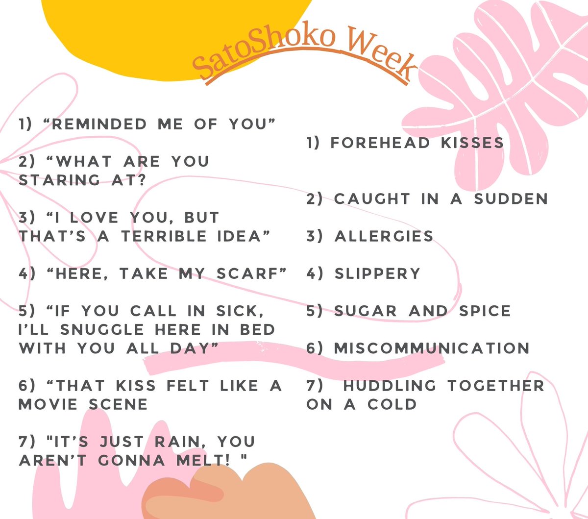 satoru_shoko's tweet photo. We are excited to announce that the prompts for #SatoShokoWeek in english and spanish:
From November 21 to 27
We will use the hashtag #satoshoweek https://t.co/24mbGeU6Zx