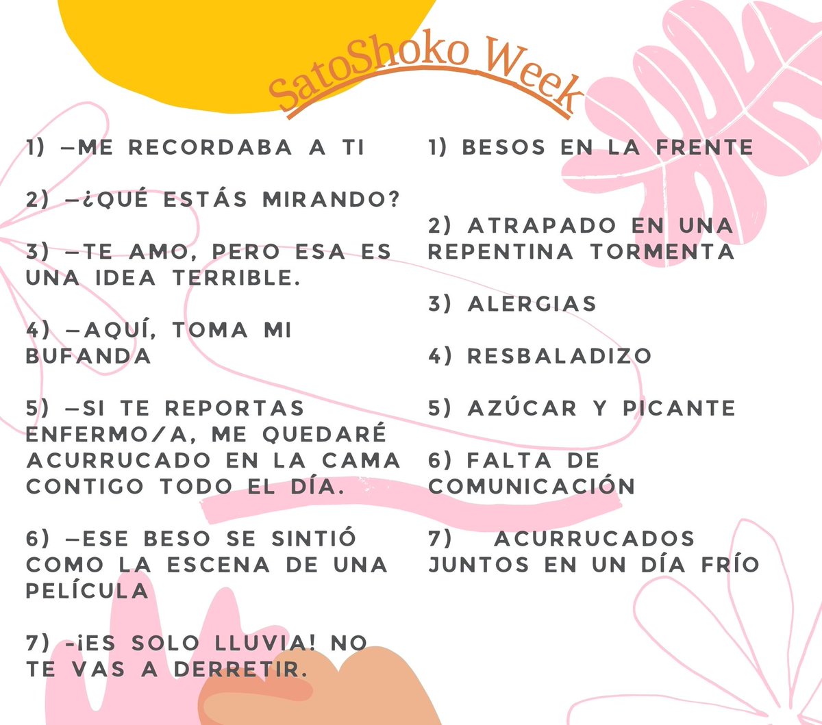 satoru_shoko's tweet photo. We are excited to announce that the prompts for #SatoShokoWeek in english and spanish:
From November 21 to 27
We will use the hashtag #satoshoweek https://t.co/24mbGeU6Zx