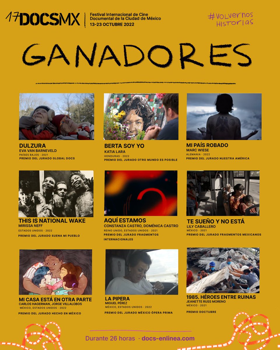 DocsMX's tweet image. 📣 ¡Sorpresa! 

¡Lxs documentales ganadores del #17DocsMX estarán disponibles en #DocsEnLínea! 🏆

Entra a docs-enlinea.com y disfrútalos gratis a partir del primer segundo de este domingo 23 de octubre y por 26 horas.