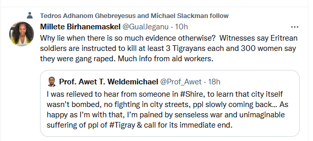 wonqette's tweet photo. what a weird bunch these TPLFerrs are! is there any group that WANTS tgrayans to be raped and killed more than TPLF? the guy says he heard from someone in shire and things seem ok-- but no.. they want to will a genocide? btw, GoE office comms-- might want to maybe wake up? 🙄 https://t.co/0cXpYvGtGb
