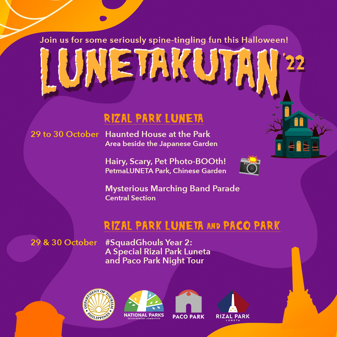 NPDC_PH's tweet photo. Boo! 👻👻👻

#LUNETAkutan is back for another Halloween event you wouldn’t want to miss!

Stay tuned to our social media accounts for updates and announcements on how you can join these FREE activities.
#LUNETAkutan2022 #HalloweenAtThePark https://t.co/6XUySNRKEZ