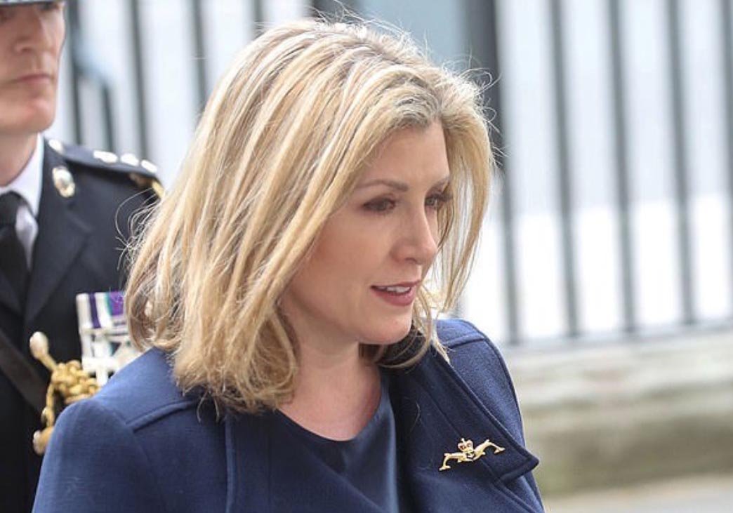 Penny Mordaunt with her gold submariner dolphins badge for 'qualified' submariners.
The only people entitled to wear them are submariners (once they've passed the submarine training course). 
Mordaunt is not qualified and should not be wearing something she is not entitled to.