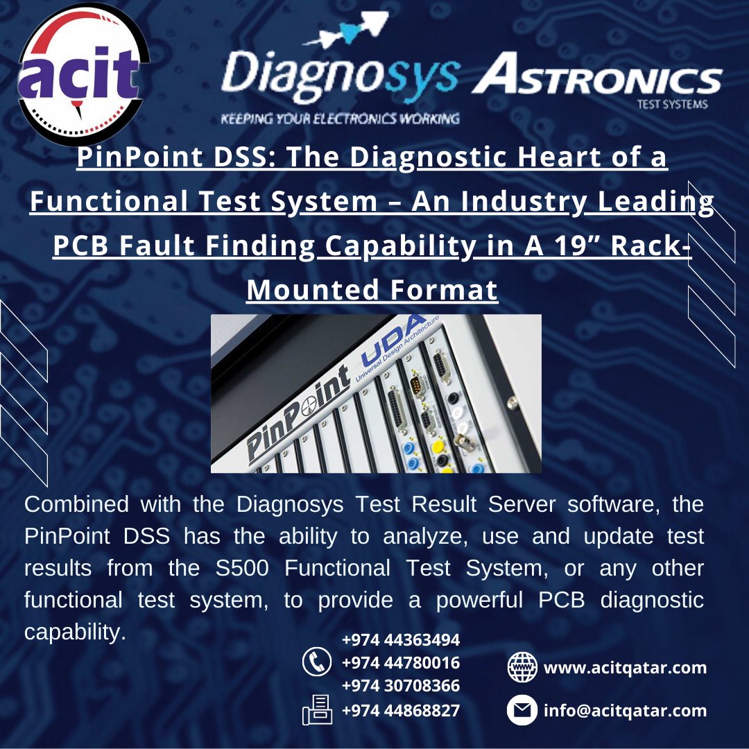 QatarAcit's tweet image. #Diagnosys PinPoint DSS: The diagnostic heart of a functional #testsystem – an industry leading PCB fault finding capability in a 19” rack-mounted format.
For more visit
acitqatar.com
#astronics #electronicsystems #keepingyourelectronicsworking #acitqatar #qatar