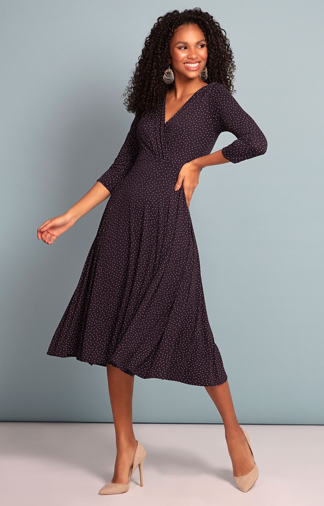 Spotted! 👀 Our best selling Annie dress in Polka Dot Navy. 
Shop Annie. bit.ly/3fW1VX5

#aliestreetlondon #madeinbritain#occasiondresses #beautifulprints #styleinspo