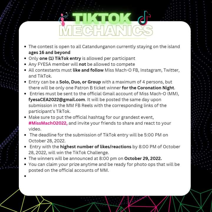 MissMacho_CEA's tweet photo. The entry must be uploaded to your tiktok accounts as well as sent to our email address fyesaCEA2022@gmail.com.

For the complete contest mechanics, please see the attached photo below.

#missmacho2022
#fordalegacywithadvocacy
#tiktok_mm2022

... https://t.co/UAcrzcnIGE