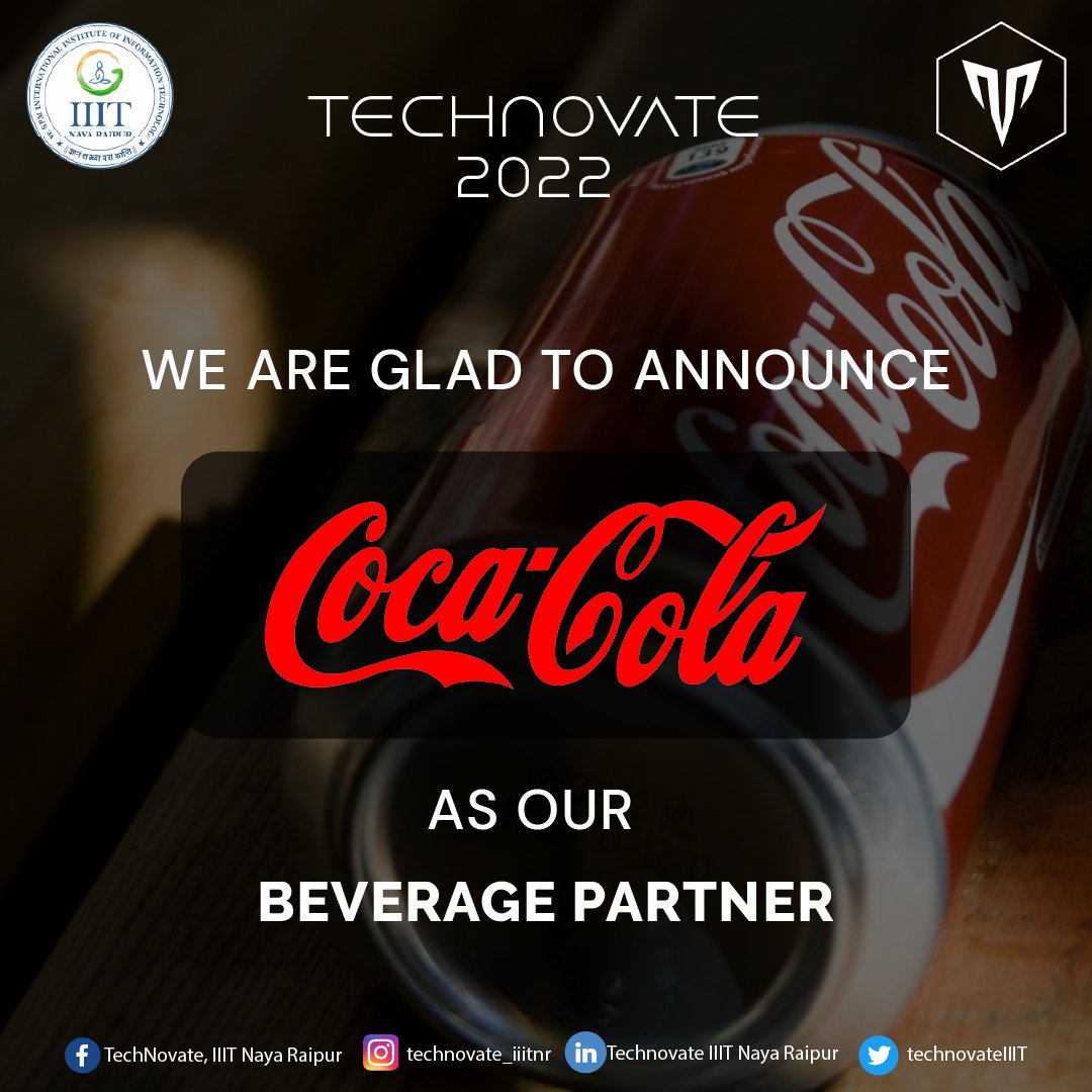 technovateIIIT's tweet photo. We are glad to announce "Coca-Cola" as our Beverage Partner.
@CocaCola_Ind
#cocacola #coke #cola #drink #soda #coca #bhfyp #cocacolalife #cocacolacollection #technovate #technical #iiitnr #nayaraipur #raipur #instagram #instastories #technical #event #instafest https://t.co/J6pgsJDrOO
