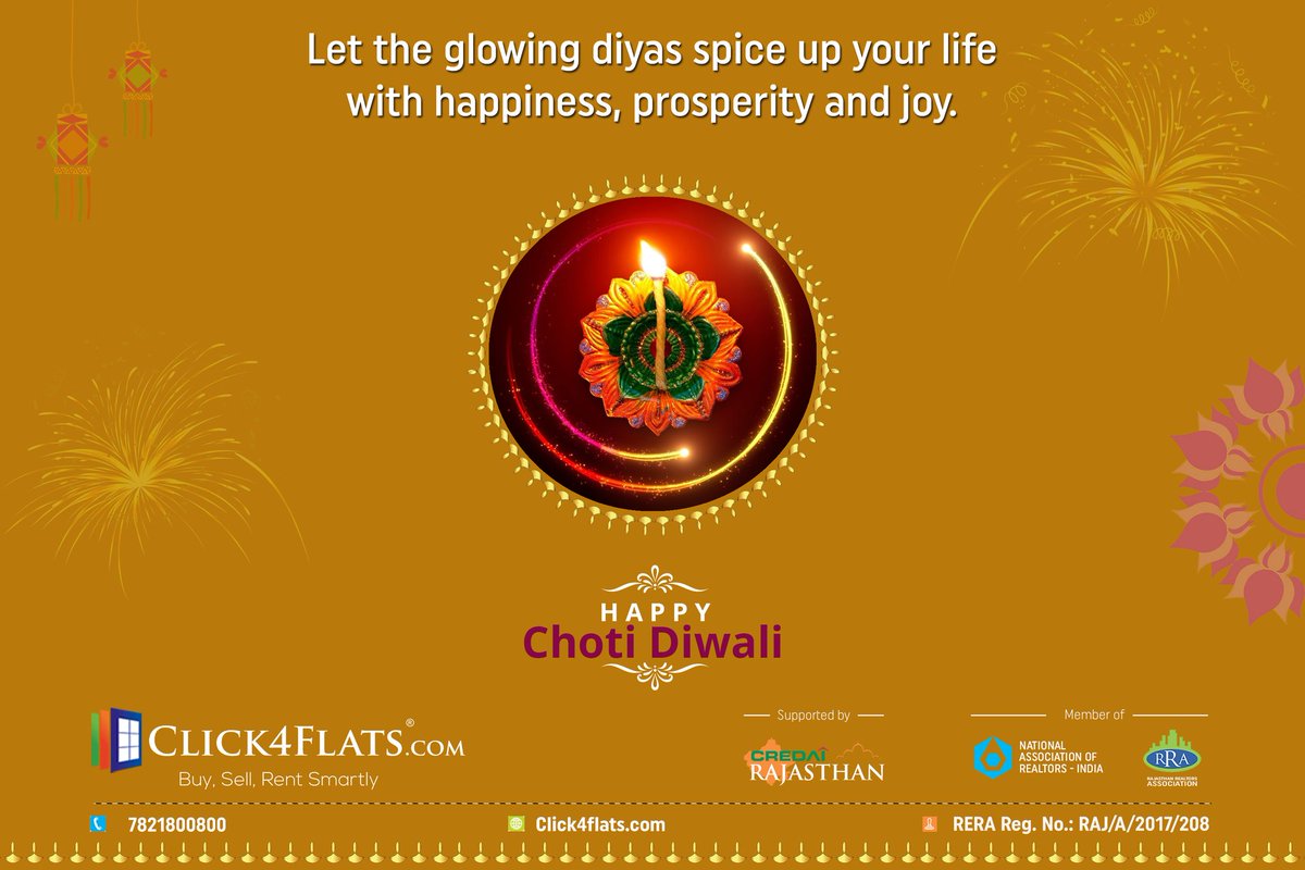 Click4Flats's tweet image. Let the glowing diyas spice up your life with happiness, prosperity and joy.
Team Click4flats.com wishes all a Very Happy Choti Diwali and Roop Chaudas.
#ChotiDiwali #RoopChaudas  #Diwali #HappyDiwali #Diwali2022 #India #Click4flats